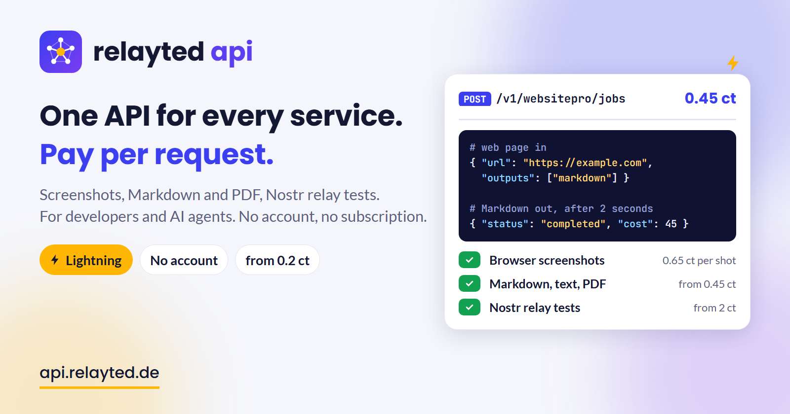 One API for all relayted services: pay per request with Lightning, no account